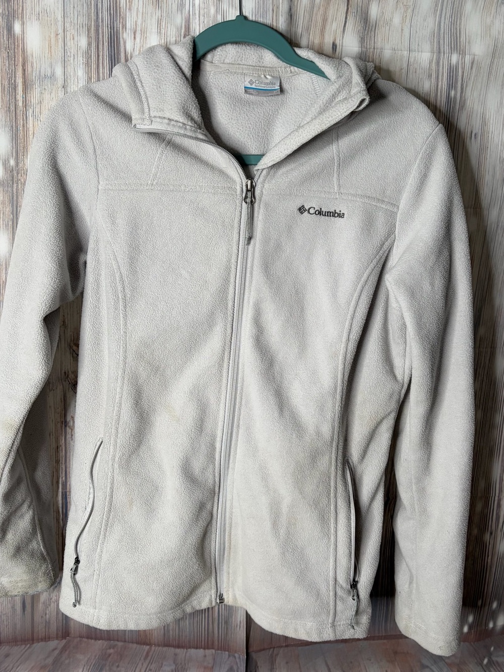 Columbia Women’s Light Gray Fleece Jacket with Hood Sz M